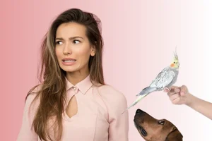 mulher incomodada por estarem pedindo para ela cuidar de uma calopsita e um cachorro